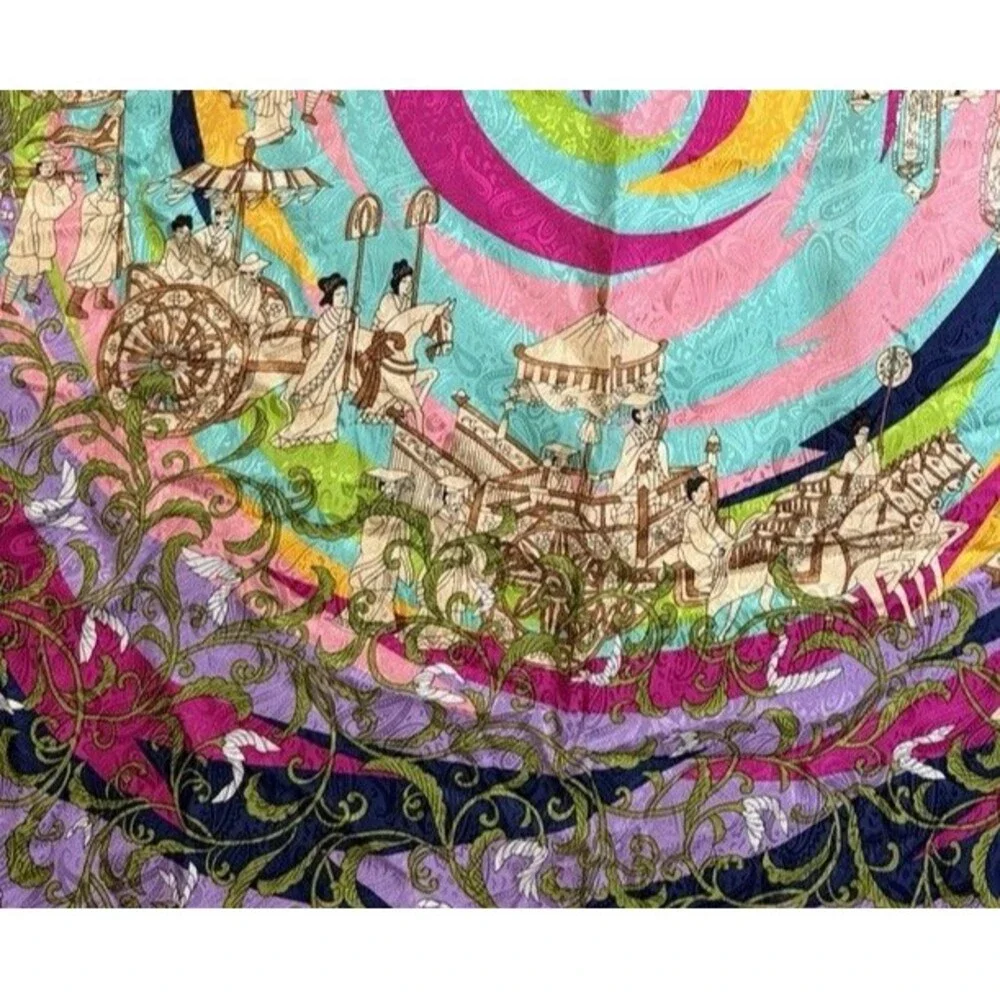 VINTAGE  Japanese Kyoto Silk Scarf Heian Court Procession Hand Rolled Hem 40